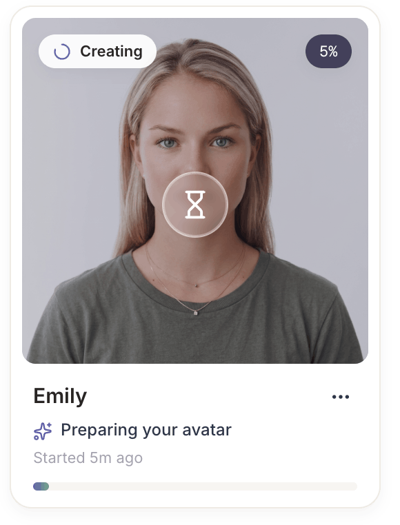 Spatius custom avatar card for Emily stuck at 5 percent creating, started 5 minutes ago