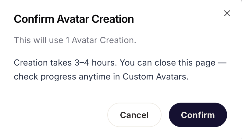 Spatius Confirm Avatar Creation dialog stating creation takes 3 to 4 hours